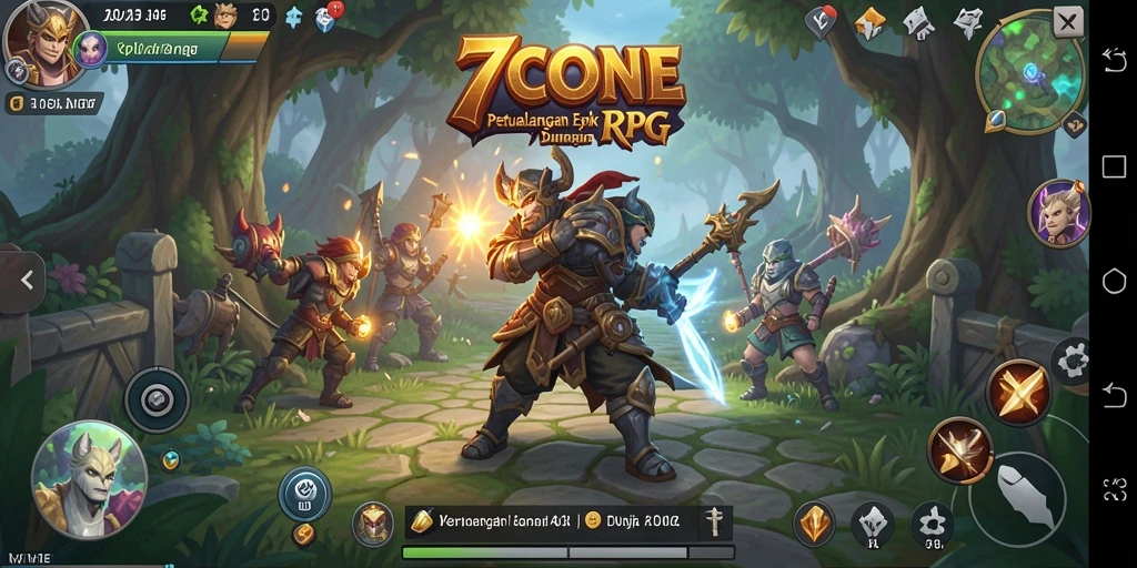 Screenshot gameplay RPG 7CONE menunjukkan pertarungan epik dan dunia yang luas.
