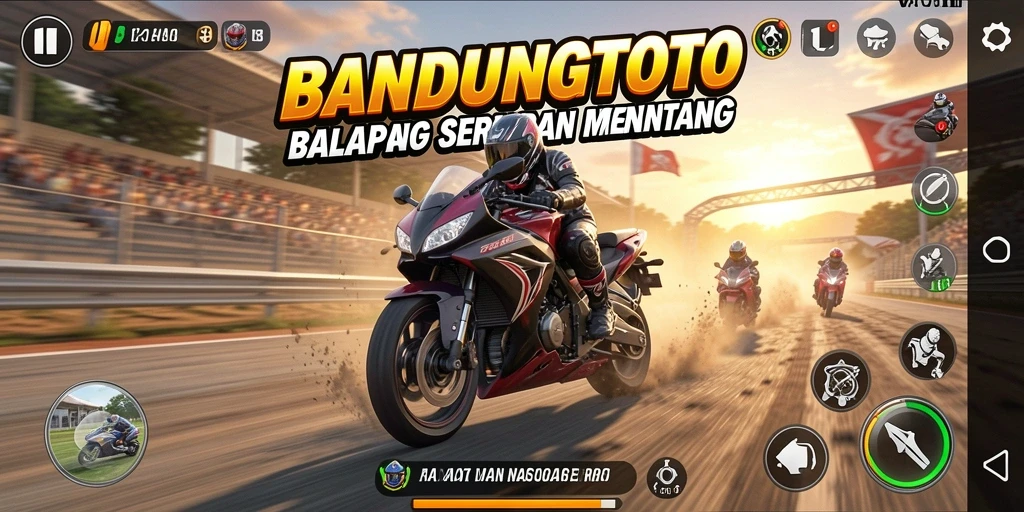 Gameplay mendebarkan dari BANDUNGTOTO dengan aksi balapan motor yang cepat.
