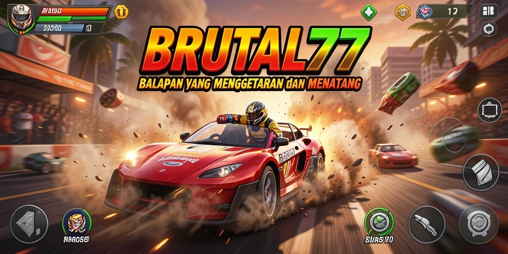 Screenshot gameplay BRUTAL77 menampilkan aksi balapan yang mendebarkan.