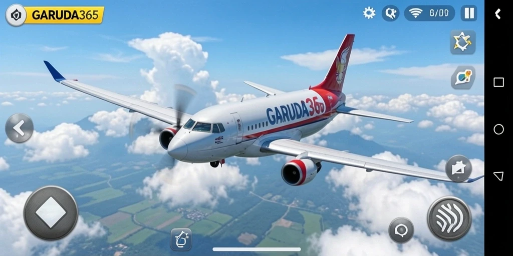 Tampilan gameplay GARUDA365 yang menampilkan pesawat terbang di langit biru.