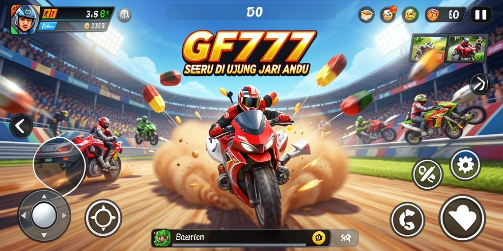 Gameplay balapan seru dalam GF777 dengan mobil yang melaju kencang.