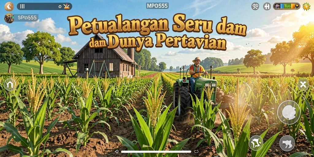 Screenshot gameplay MPO555 yang menunjukkan lahan pertanian yang subur dan hewan ternak.
