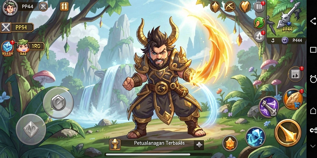 Tangkapan layar utama PP444 menampilkan pertarungan epik karakter RPG.