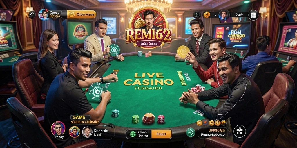 Skrinsyut gameplay REMI62 menampilkan dealer profesional dan suasana Live Casino yang nyata.