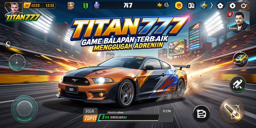 Screenshot gameplay TITAN777 menampilkan balapan seru dengan mobil yang melaju kencang.