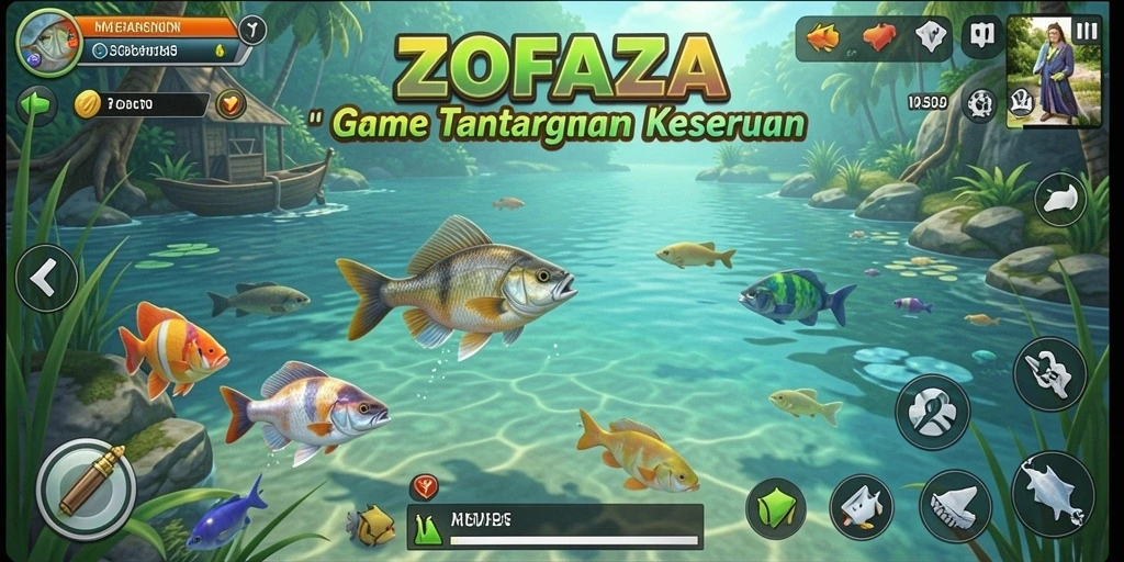 Tampilan gameplay ZOFAZA dengan aksi memancing yang seru.